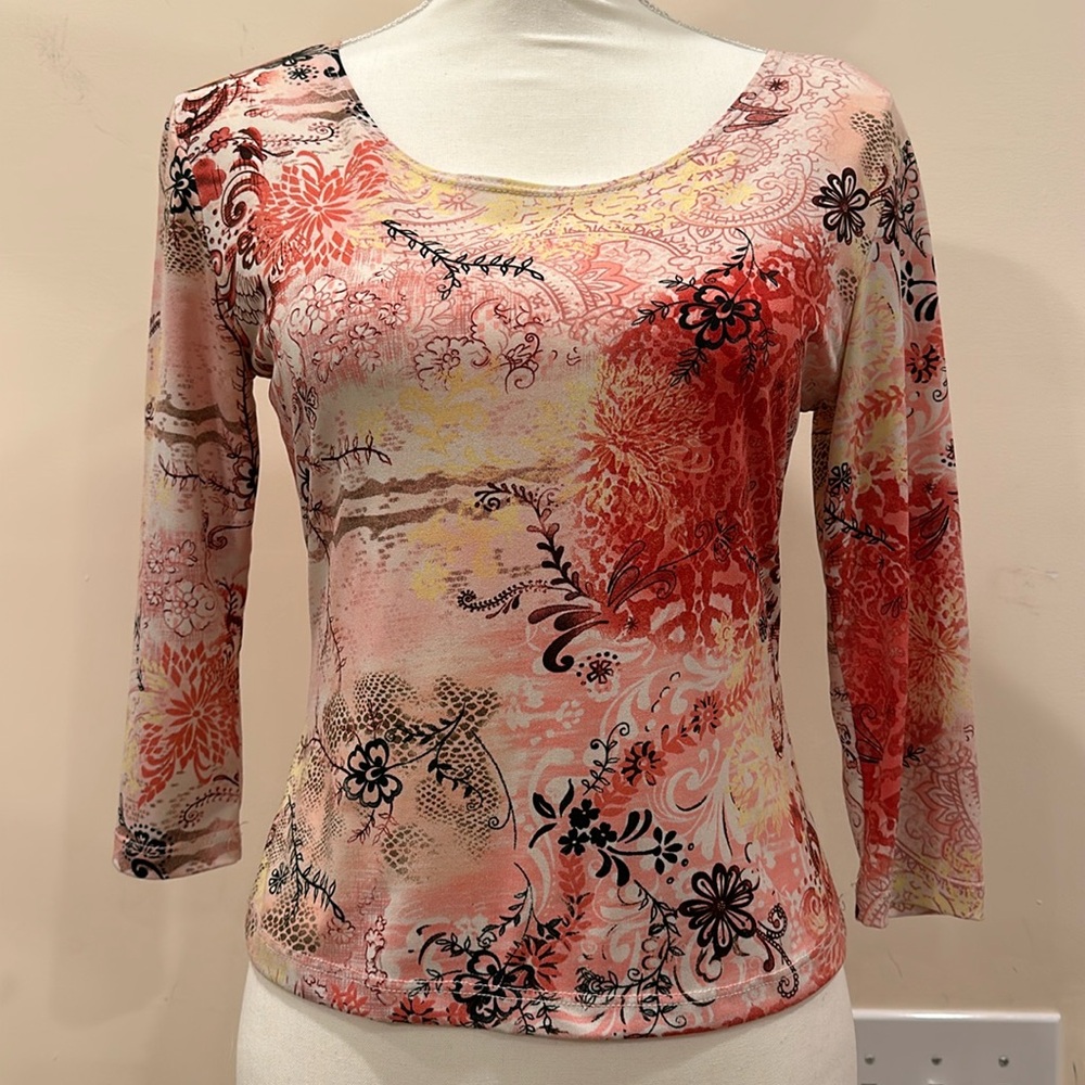 Only Nine Vintage Petite pink red white & black top, small